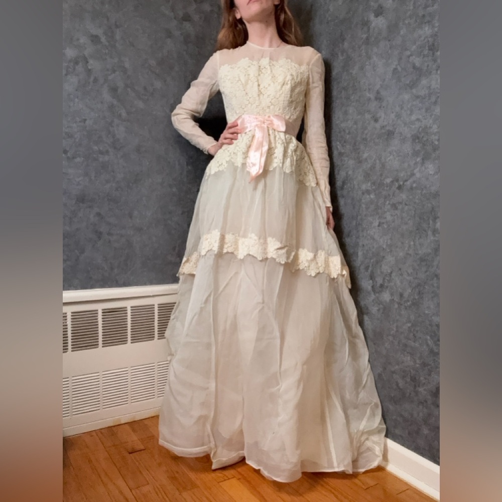 Vintage 1970s Prairie Wedding Dress – Lace, Sheer Sleeves & Pink Ribbon